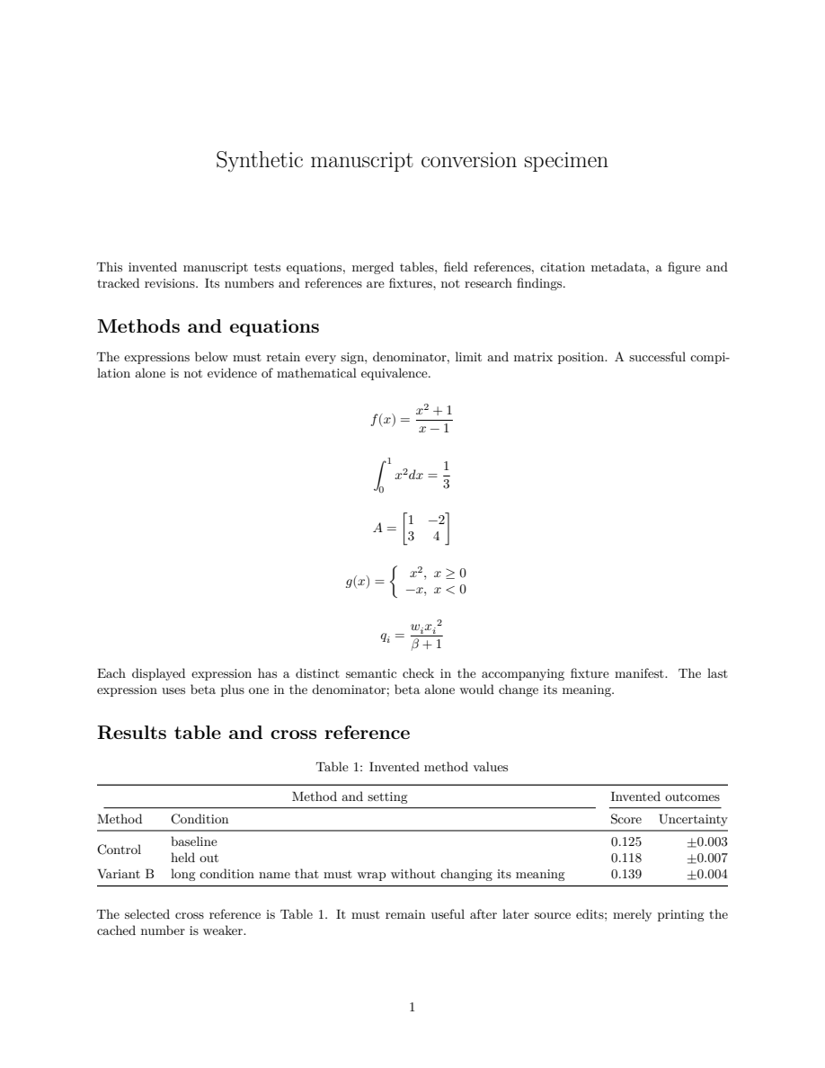 First page of an invented manuscript containing five displayed equations and a three-row results table.